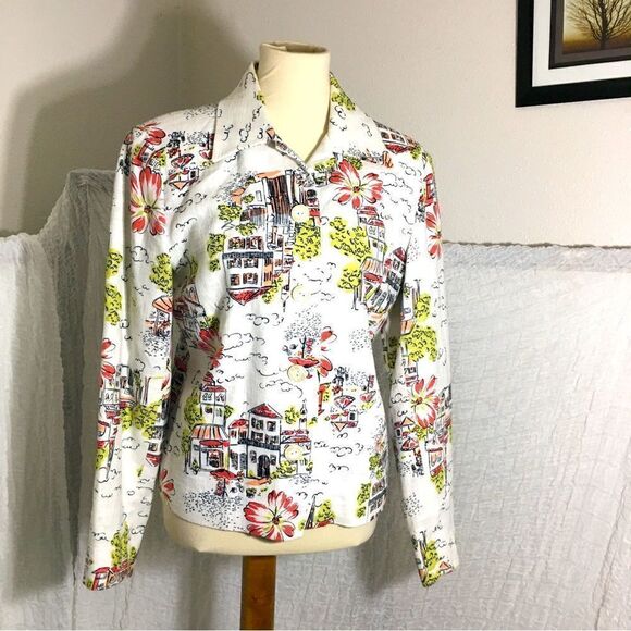 Coldwater Creek Hawaian City Scape Art Linen Blend Jacket Size Small - Picture 1 of 8